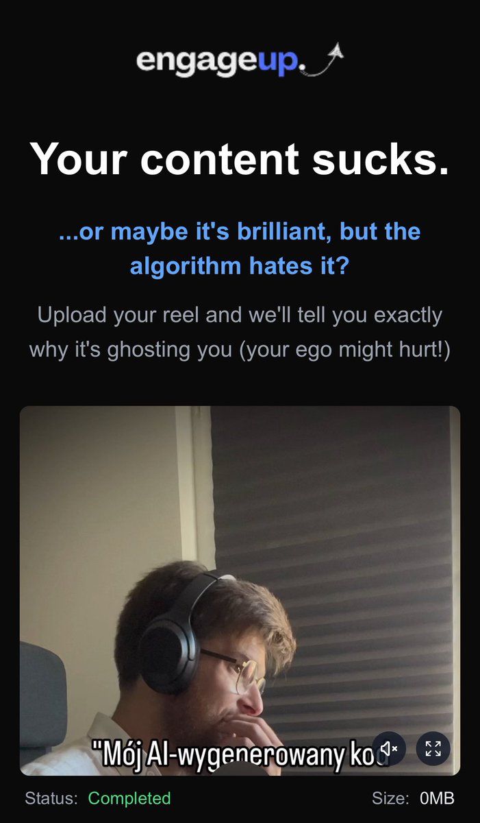 JarekOnTech's tweet image. Building EngageUp.io day 37.

User acquisition path (experiment):
- I’m promoting the &quot;roast your reel&quot; page
- user gets a few metrics and basic analysis
- &quot;want more? Create an account!&quot;

After creating an account, all metrics are visible + the ability to add your…