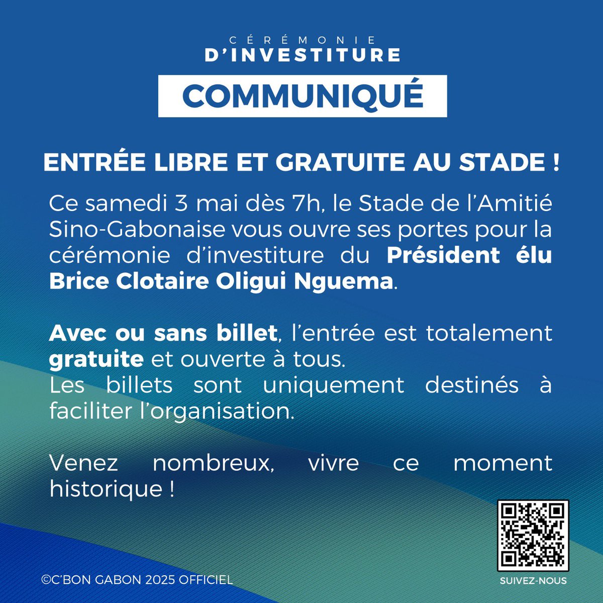 L’ENTRÉE LIBRE ET GRATUITE ! 

Avec ou sans billet, le stade est ouvert à tous ! 

Les billets sont gratuits et servent uniquement à mieux organiser l’accueil.

Venez nombreux vivre ce moment historique 🇬🇦