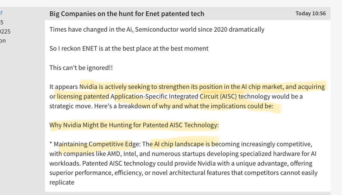 EquityTrader888's tweet image. #ENET

Wow.
#nvidea wants #enet patented #asic
This is going to be huge 

30 bagger potential 

#ctai #cpai #scgl #clai #cyk #miri #pyc $nvda