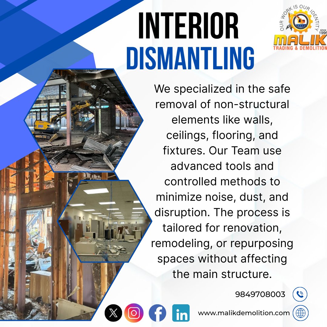 MalikDemoli96's tweet image. Interior dismantling is the process of selectively removing non-structural elements inside a building, such as walls, ceilings, flooring, fixtures, and mechanical systems.#InteriorDismantling
#SelectiveDemolition
#InteriorDemo
#RenovationPrep
#Deconstruction