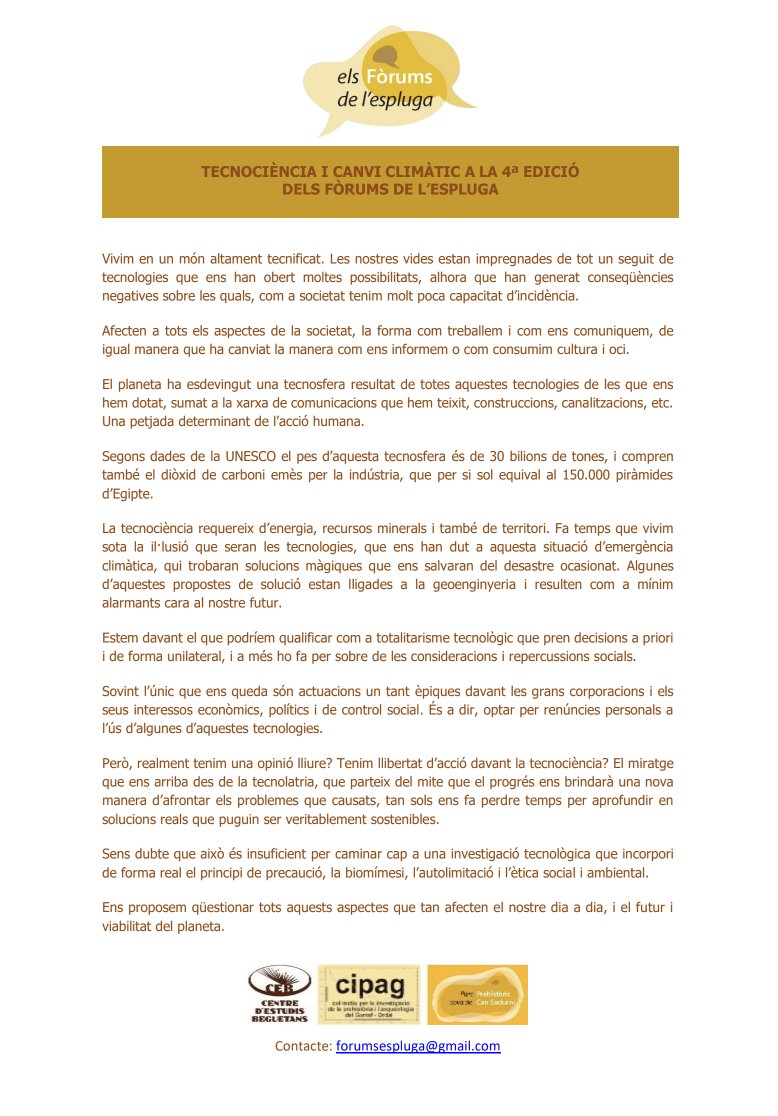 EsplugaForums's tweet image. 📣 Arriba la quarta edició dels #forumsdelespluga!
El lema d’aquest any és 'TECNOCIÈNCIA I CANVI CLIMÀTIC'
🕧 10 i 17 de maig a les 18h en l'Església de la Rectoria, Begues
Anota-ho en la teva agenda i no t'ho perdis!