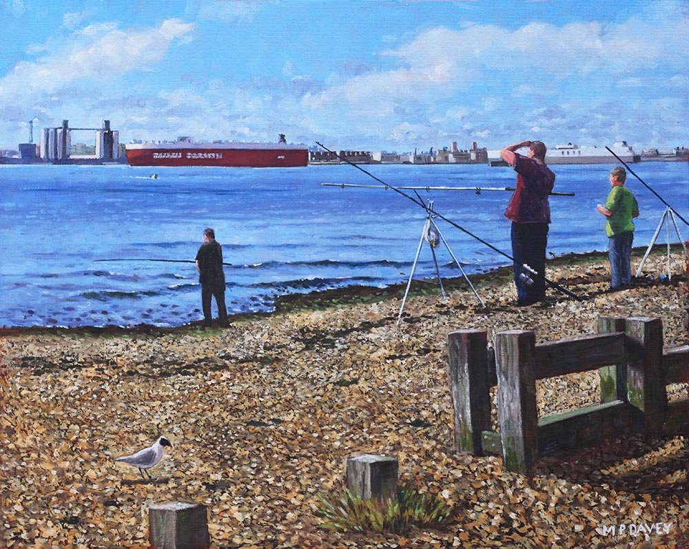 Art Southampton
Winter Fishing at Weston Shore Southampton
Oil on board 20" x 16"
2013
Weston Shore, Southampton. People are fishing while in the distance can be seen the entrance to the port with a 'Wallenius Wilhelmsen' ship docked.
Martin Davey - SS&amp;F