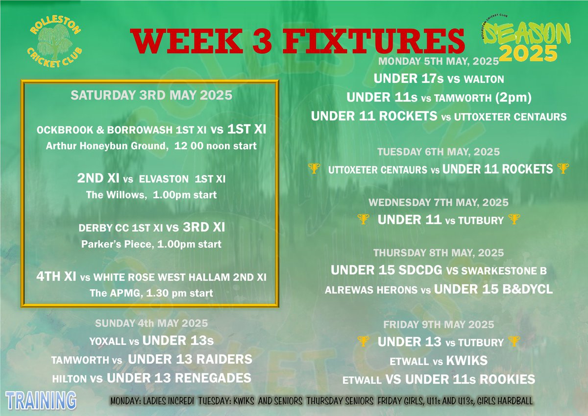 Just the 17 games for Rolleston this week
Hint: it won't be our busiest week by a long stretch!!