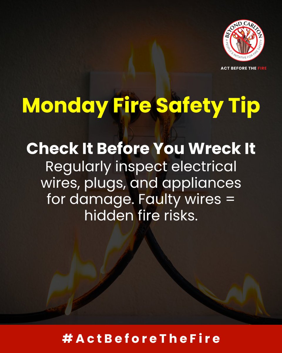 Beyond Carlton (@beyondcarlton) on Twitter photo Faulty wires can spark disaster. Inspect cords & plugs regularly to stay safe.
🧯 Prevention starts with a check. #AagSeAageRaho #ActBeforeTheFire
<a href="/KarFireDept/">Karnataka State Fire & Emergency Services</a> <a href="/osdmaodisha/">OSDMA Odisha</a> Faulty wires can spark disaster. Inspect cords & plugs regularly to stay safe.
🧯 Prevention starts with a check. #AagSeAageRaho #ActBeforeTheFire
<a href="/KarFireDept/">Karnataka State Fire & Emergency Services</a> <a href="/osdmaodisha/">OSDMA Odisha</a>