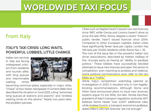 Nella rivista inglese specializzata di #trasporti #taxi e #NCC, l'Italia è purtroppo ancora definita "taxi lobby as a mafia".
A me non piace la definizione, ma è chiaro che una riforma è necessaria perchè a livello globale ormai è risaputo che in Italia non si fanno gli interessi