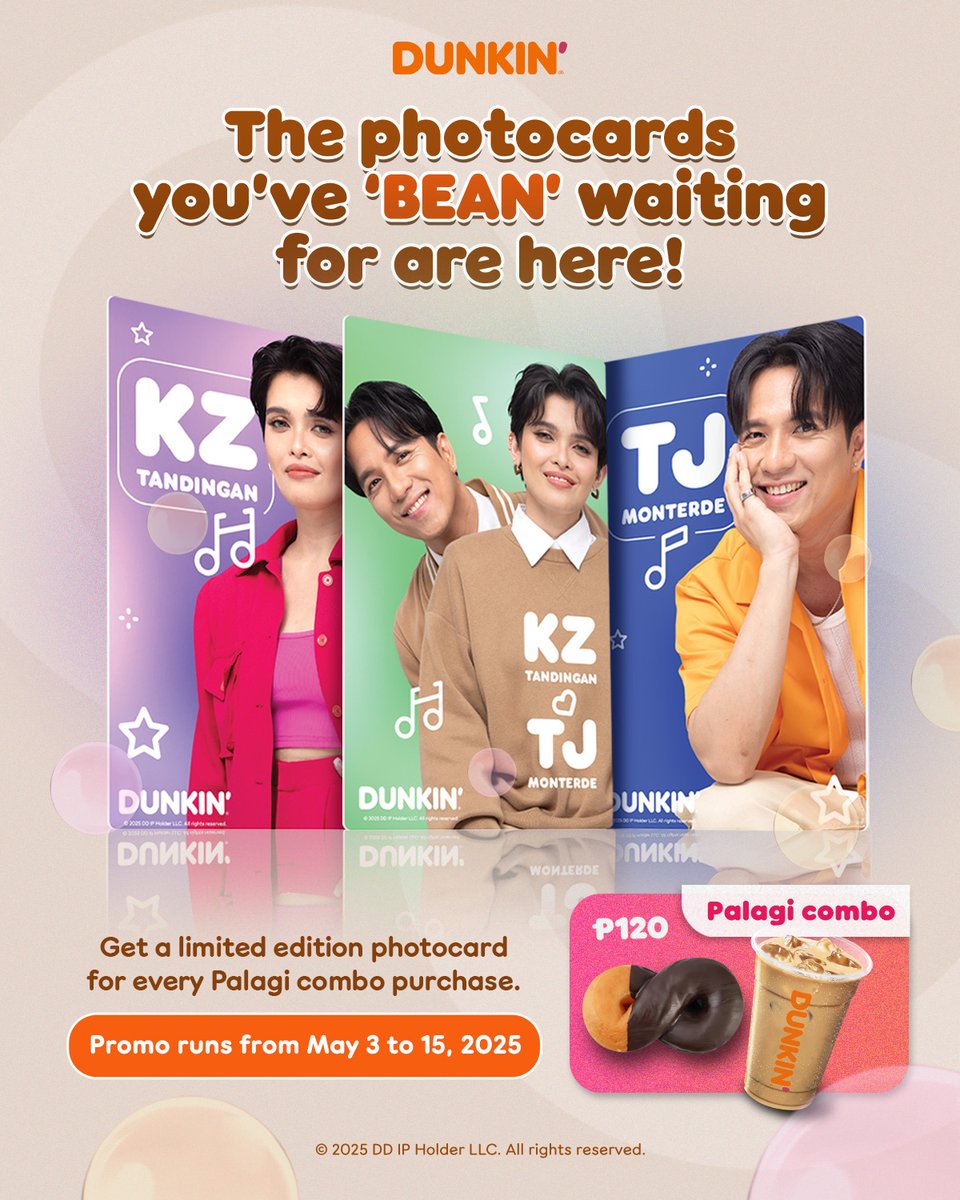 dunkinph's tweet photo. Palagi photocards are finally here! Collect these exclusive Dunkin' @tjmusicmonterde  and @KZofficial  photocards with every purchase of Palagi combo.  #PALAGIngDunkinPH #TJxKZ_DunkinPH  

Available at these participating stores: https://t.co/7532q8q1Md https://t.co/iVkRwLkhrA