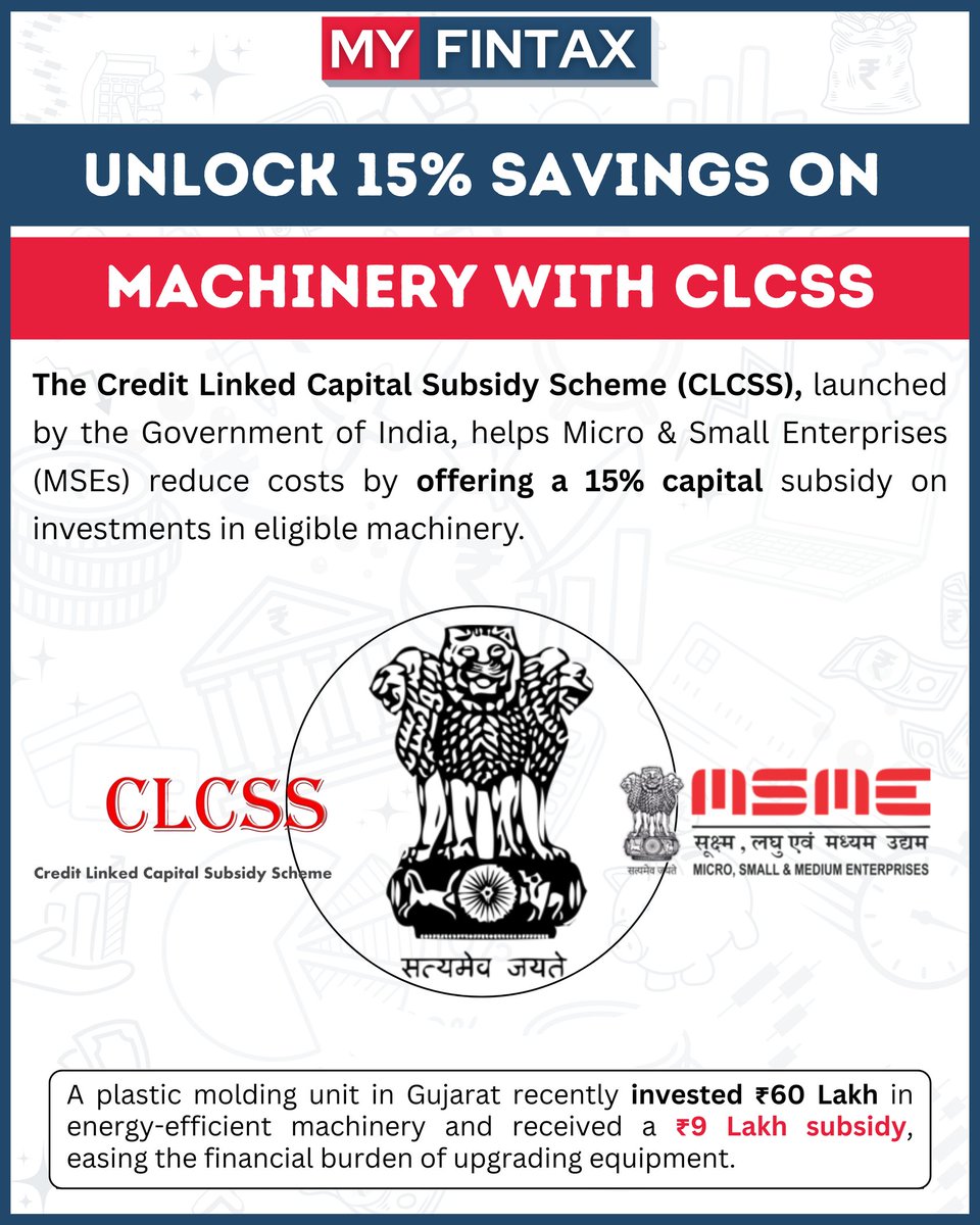 myfintax's tweet image. 🌟Here’s the Scheme That Can Save You 15% on Machinery!🌟

#GovernmentSchemes #MSME #CLCSS #BusinessGrowth #ManufacturingSupport #SubsidyScheme #MakeInIndia #SmallBusinessFinance #MachineryUpgrade #FinancialSupport #myfintax #casurajsoni