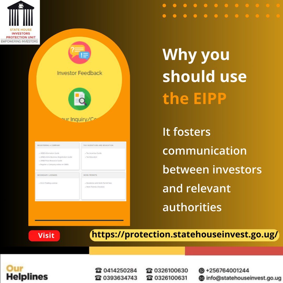 The Electronic Investors Protection Portal(protection.statehouseinvest.go.ug) fosters coordination between investors and relevant government stakeholders there by bridging the communication gap.
#EmpoweringInvestors