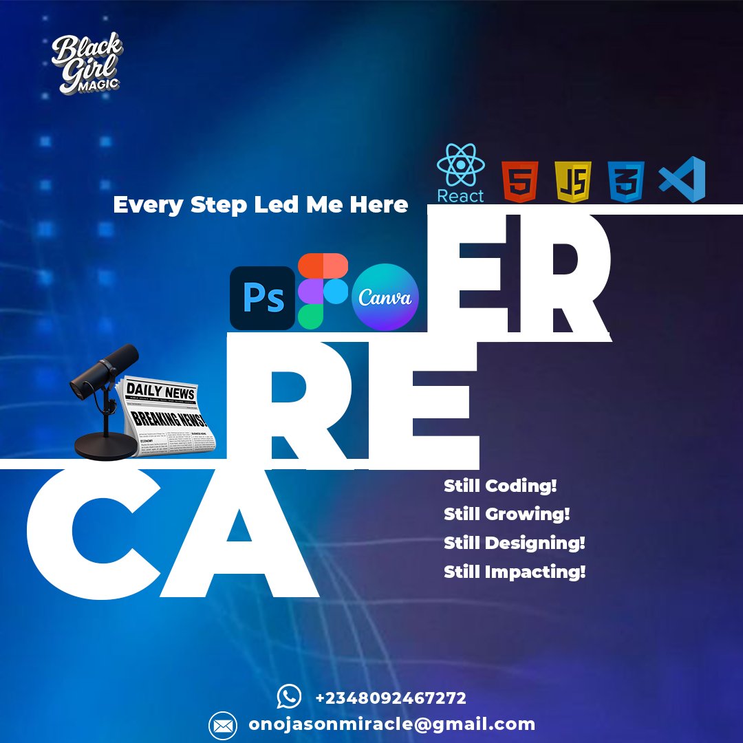 MiracleUnusual_'s tweet image. Started in Mass Communication.
Fell in love with design: Canva, Photoshop, Figma.
Wrote my first “Hello, World.”
Now I’m a Frontend Engineer, Graphic Designer & Community Manager, telling stories through every line & pixel.
Still growing!
#FrontendEngineer
#GraphicDesigner