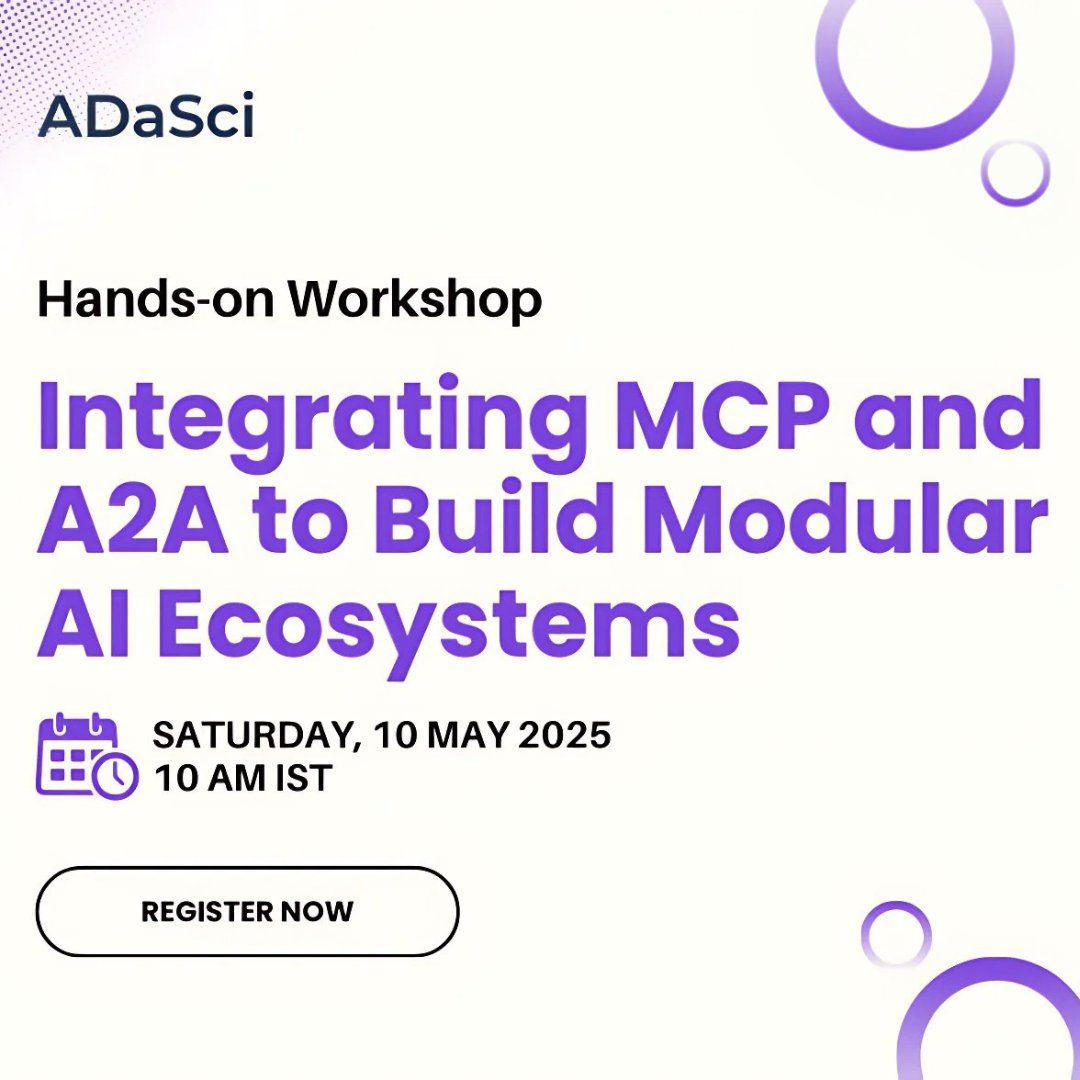 Curious how AI agents can collaborate better?

Join our hands-on workshop on May 10 to explore MCP &amp; A2A — frameworks for building modular, context-aware AI systems.

✅ Code in real time
🎓 Get certified
👉 adasci.org/courses/integr…

#AI #MCP #A2A #DataScience #Adasci