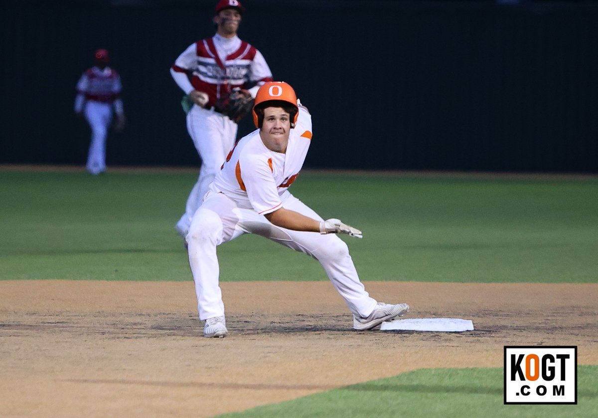 Orangefield's Layne Reynolds celebrates one of his two doubles Thursday night.  Bobcats beat Diboll.  More on KOGT.com