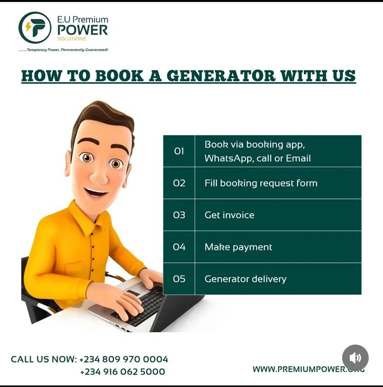 ppsolutions_'s tweet image. Get our generators straight to your doorstep with these simple steps 👌

Call us on now 08099700004 or 09160205000 to secure your booking.

#premiumpower #generatorrentalsinlagos #generatormaintenanceinlagos #nigerianpowersector
#generatorforrent #eventvendors 
#NoMoreBlackout