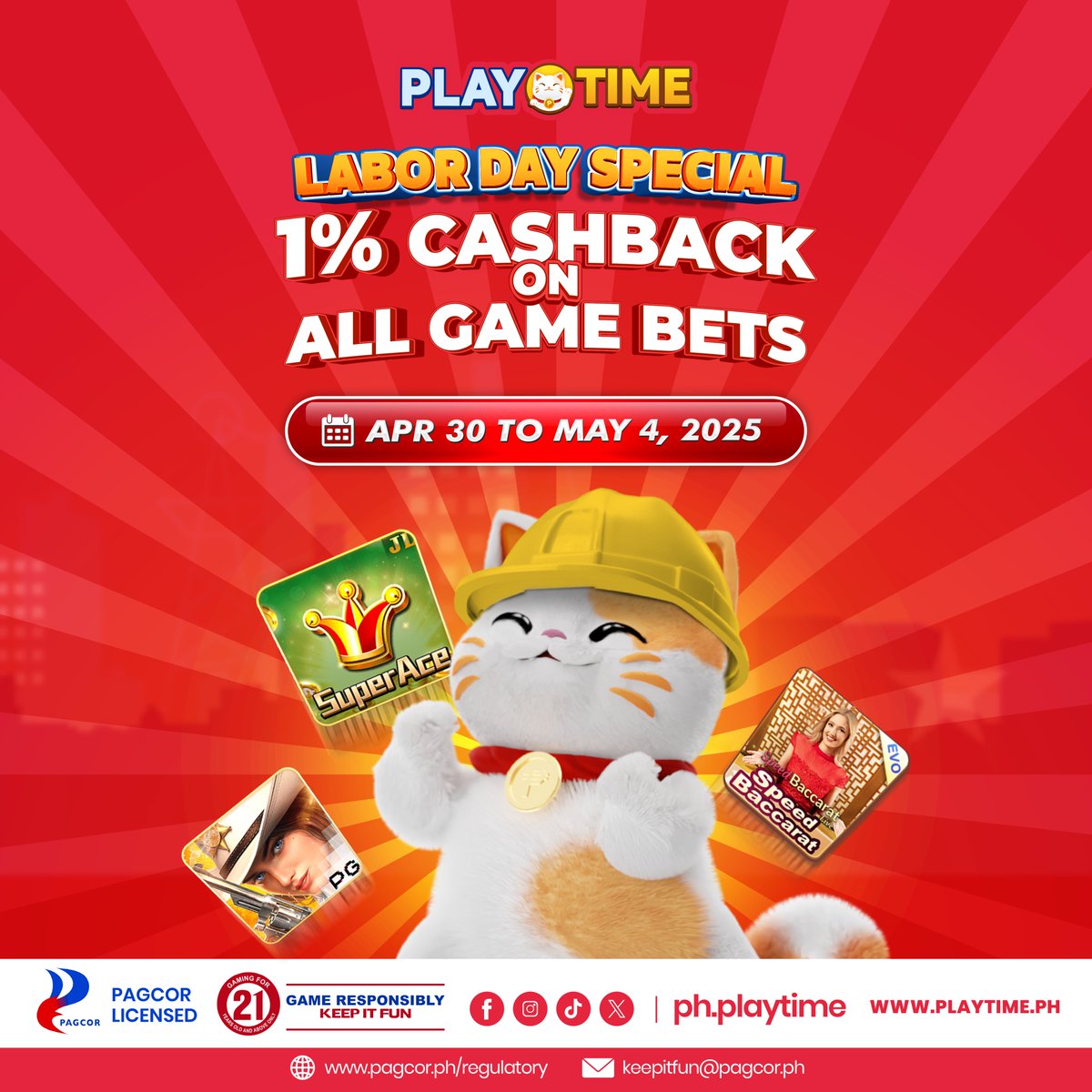 PTGamingph's tweet photo. Labor Day pa rin sa PlayTime! Mag-enjoy sa LAHAT ng PlayTime games at makuha ang 1% cashback sa iyong bets!

Available kami sa inyong mga paboritong payment gateway at https://t.co/iLoXGo9mTi.

#PlayTimePH #ItsPlayTime #PlayTime https://t.co/2ZQ1vX81Gw