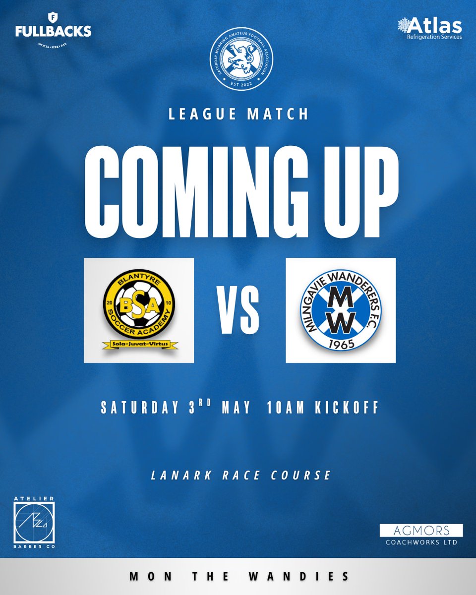 Milngavie Wanderers (@milngaview) on Twitter photo #FixtureFriday
3 games to go - tomorrow we travel to Lanark to face <a href="/BSA_ams/">Blantyre soccer academy ams</a>
MTW đź’™
<a href="/scotscores/">scotscores</a> <a href="/scottish_aff/">AmateurFixturesResultsSCO</a> <a href="/OfficialSMAFA/">SMAFA</a> <a href="/PaulTheMediaMan/">Paul</a> <a href="/Atlas_Refrig/">Atlas Refrigeration Services</a> #FixtureFriday
3 games to go - tomorrow we travel to Lanark to face <a href="/BSA_ams/">Blantyre soccer academy ams</a>
MTW đź’™
<a href="/scotscores/">scotscores</a> <a href="/scottish_aff/">AmateurFixturesResultsSCO</a> <a href="/OfficialSMAFA/">SMAFA</a> <a href="/PaulTheMediaMan/">Paul</a> <a href="/Atlas_Refrig/">Atlas Refrigeration Services</a>