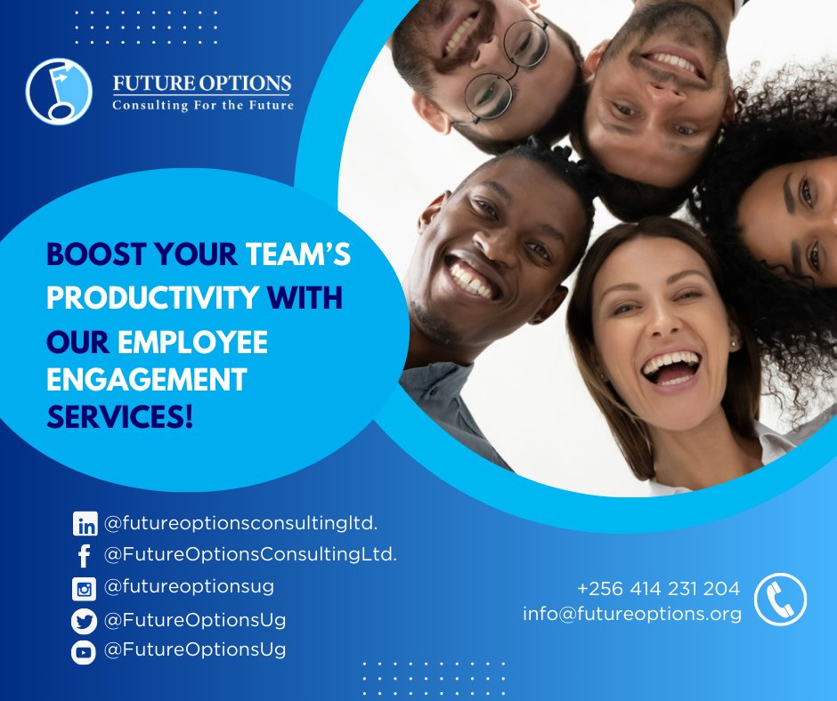 🚀 Boost productivity with Employee Engagement Services!
✅ Surveys
✅ Insights
✅ Custom strategies

Drive morale, innovation &amp; retention.
Learn more: lnkd.in/dpUm-hz7

📩 info@futureoptions.org | 📞 +256 786890176

#EmployeeEngagement #Productivity
