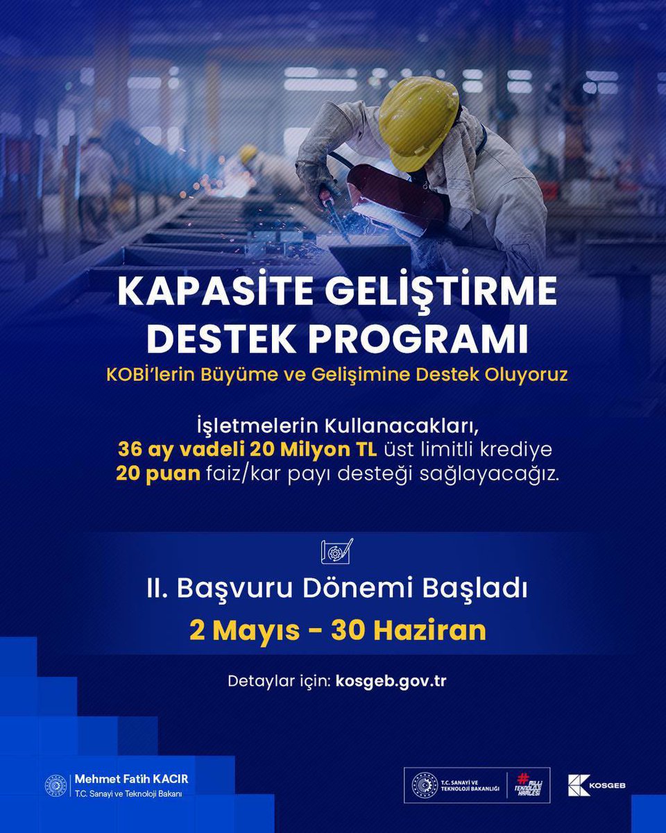 mfatihkacir's tweet photo. 📈 Üretimin, istihdamın ve ihracatın öncüsü KOBİ’lerimizi büyütmek için @Kosgeb Kapasite Geliştirme Destek Programı’nda 2. Başvuru Dönemini başlattık.

📌 20 milyon lira üst limitli, 36 ay vadeli finansman için 20 puanlık faiz/kâr payı desteği sağlıyoruz.

🤝 Bu yılın ilk başvuru döneminde 19,4 milyar TL yatırım tutarıyla, 877 işletmenin projesini destekliyoruz. 

🎯 Hedefimiz; işletmelerimizin dijitalleşmeden verimliliğe, ihracattan sürdürülebilirliğe her alanda güçlenmesini sağlamak ve rekabetçiliğini artırmak.

🚀 Daha güçlü, daha üretken Türkiye için KOBİ’lerimizin yanındayız.

📅 Başvuru: 2 Mayıs – 30 Haziran 2025
👉 Detaylar: https://t.co/DGx2SU7IUB