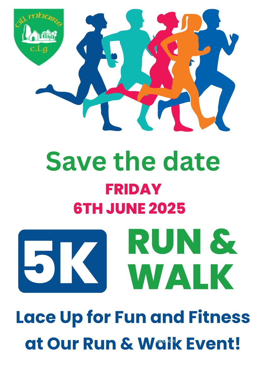 *New date alert!*
The Kilmurry 5K Fun Run is now taking place on *Friday, 6th June,  mark your calendars!
Tell your friends, bring the family and join the fun.

Registration from 6pm in Seano’s on the evening.

We can’t wait to see you there!