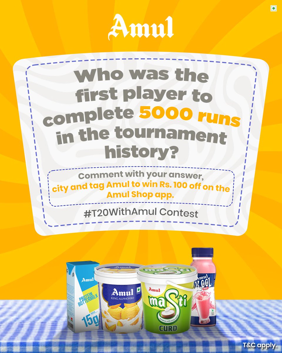 #ContestAlert

Crack the right answer and you could get ₹100 off on all products on the Amul Shop app 🎉🛒

Download the Amul Shop app now. 
Play Store: play.google.com/store/apps/det…
App Store: apps.apple.com/in/app/amul-sh…

*T&amp;C apply. 

#Amul #CricketSeason