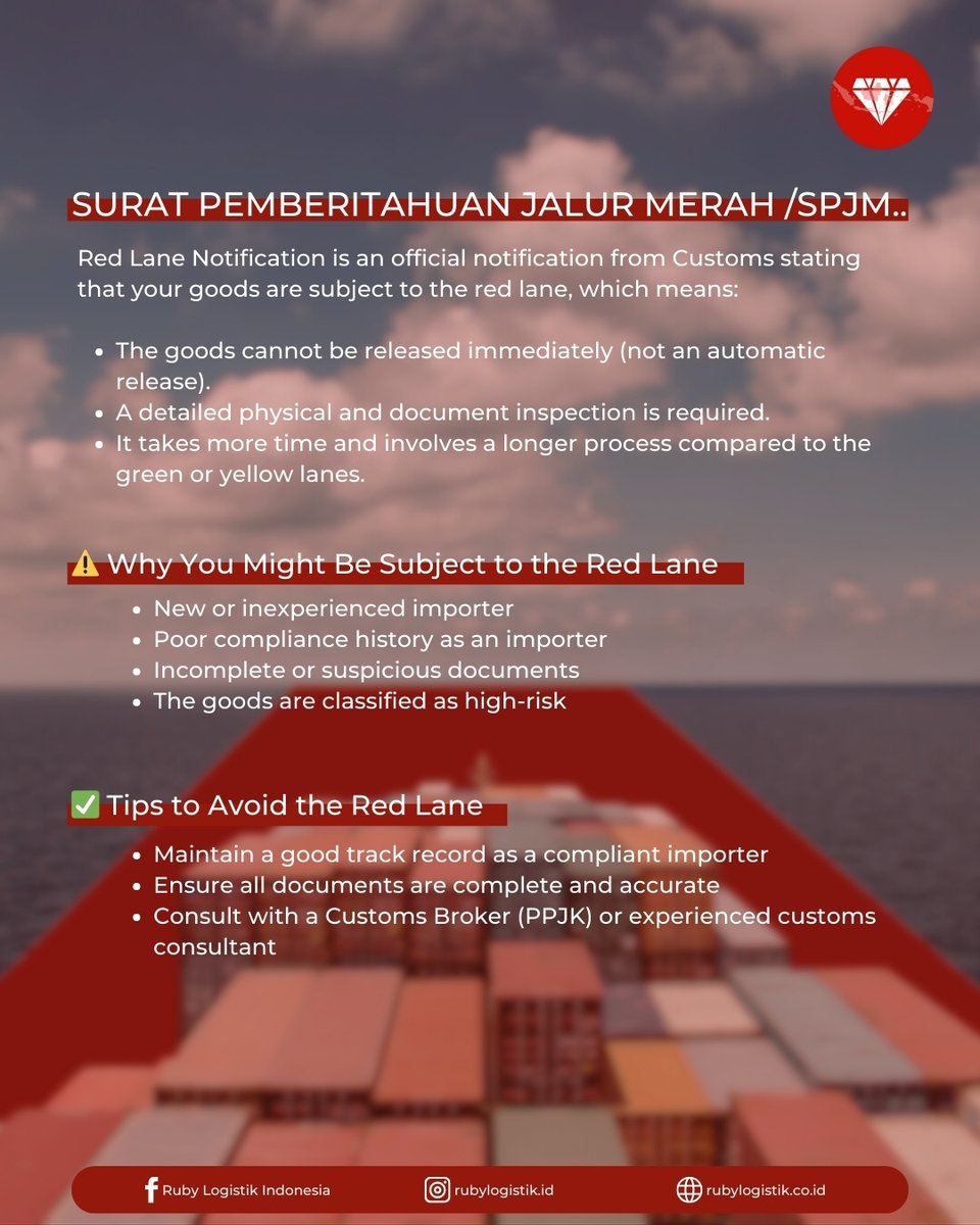 Rubylogistik's tweet image. This notification means your goods won&apos;t be released immediately and will undergo thorough inspection. We break down the common reasons for an SPJM and share actionable tips to keep your shipments moving efficiently.

#rubylogistik #rubylogistikindonesia #rubygroup #SPJM