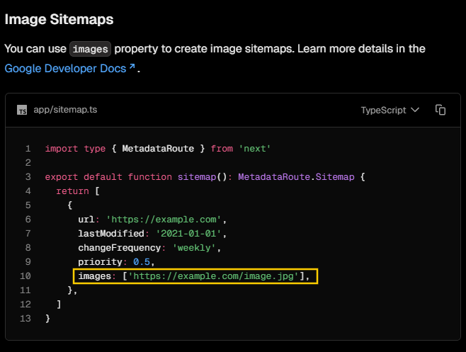 Kartikey777dev's tweet photo. Using Next.js 14.2.11 and trying to use images in MetadataRoute.Sitemap, as shown in the docs. But TS throws “Object literal may only specify known properties” for images, even though I'm passing it as an array. Anyone else facing this? 🤷‍♂️ #nextjs #typescript #developer @vercel https://t.co/jAU6L7TQY3
