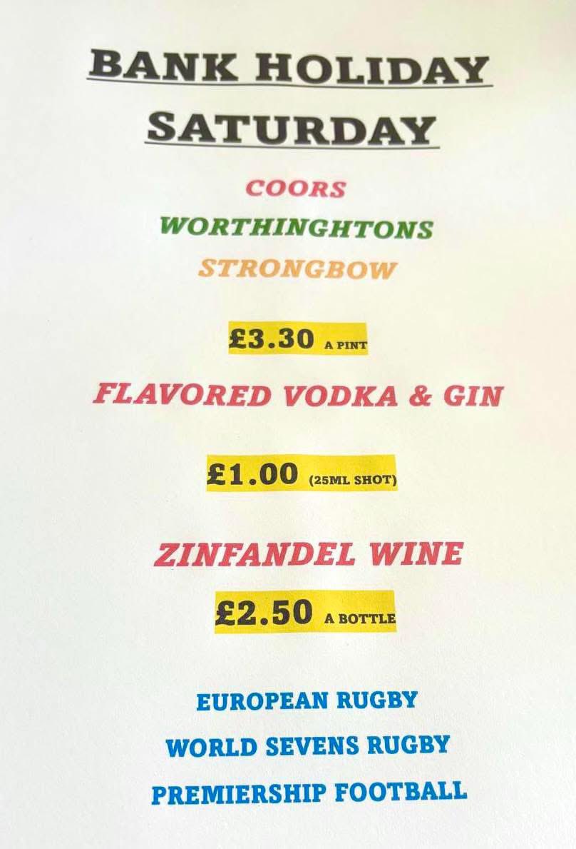 BANK HOLIDAY SATURDAY AT THE CLUBHOUSE!!

🍻🍸🍷 LOTS OF DEALS AVAILABLE

🏉⚽️ LIVE SPORTS ON THE BIG SCREENS