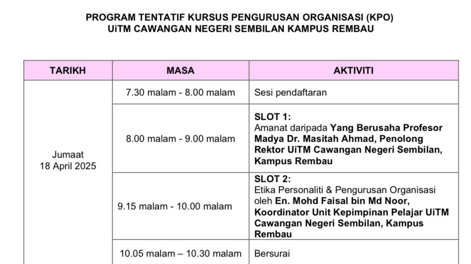 ariell_mkhrzz's tweet image. REMBAU, 18 April – Kursus Pengurusan Organisasi (KPO) malam tadi memang power!
🕢 7:30–10:30PM
📍 DK200, UiTM Rembau
Belajar pasal teamwork, leadership &amp;amp; cara urus kelab ✨
Salute kat Kelab MPP, event smooth &amp;amp; sangat bermanfaat!
#COM201 #COM2012A #MC1102A