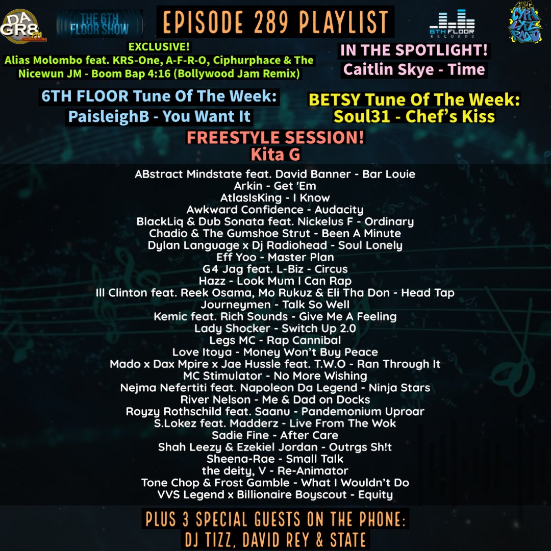Episode 289 #ComingSoon 06/05/25 #The6thFloorShow

<a href="/IAmKRSOne/">IAMKRSOne</a> <a href="/realfrothizzle/">A-F-R-O</a> <a href="/ciphurphace/">CIPHURPHACE</a> <a href="/TheNicewunJM/">The Nicewun JM</a> <a href="/kitatheghee/">Kita G</a> <a href="/ArkinMusic/">ArkinMusic</a> <a href="/AtlasIsKing/">AtlasIsKing👑</a> <a href="/BlackLiq/">BlackLiq</a> <a href="/DubSonata/">Dub Sonata</a> <a href="/NickelusF/">Nickelus F</a> <a href="/chadiotreetrunk/">Chadio Treetrunk</a> <a href="/TheGumshoeStrut/">The Gumshoe Strut</a> <a href="/DylanLanguage/">Open Dylan</a> <a href="/djradiohead519/">TᕼE ᖇᗩᗪIOᕼEᗩᗪ 🔬</a> @G4Jag <a href="/MyNameIsLBiz/">#Mission5000Club</a>