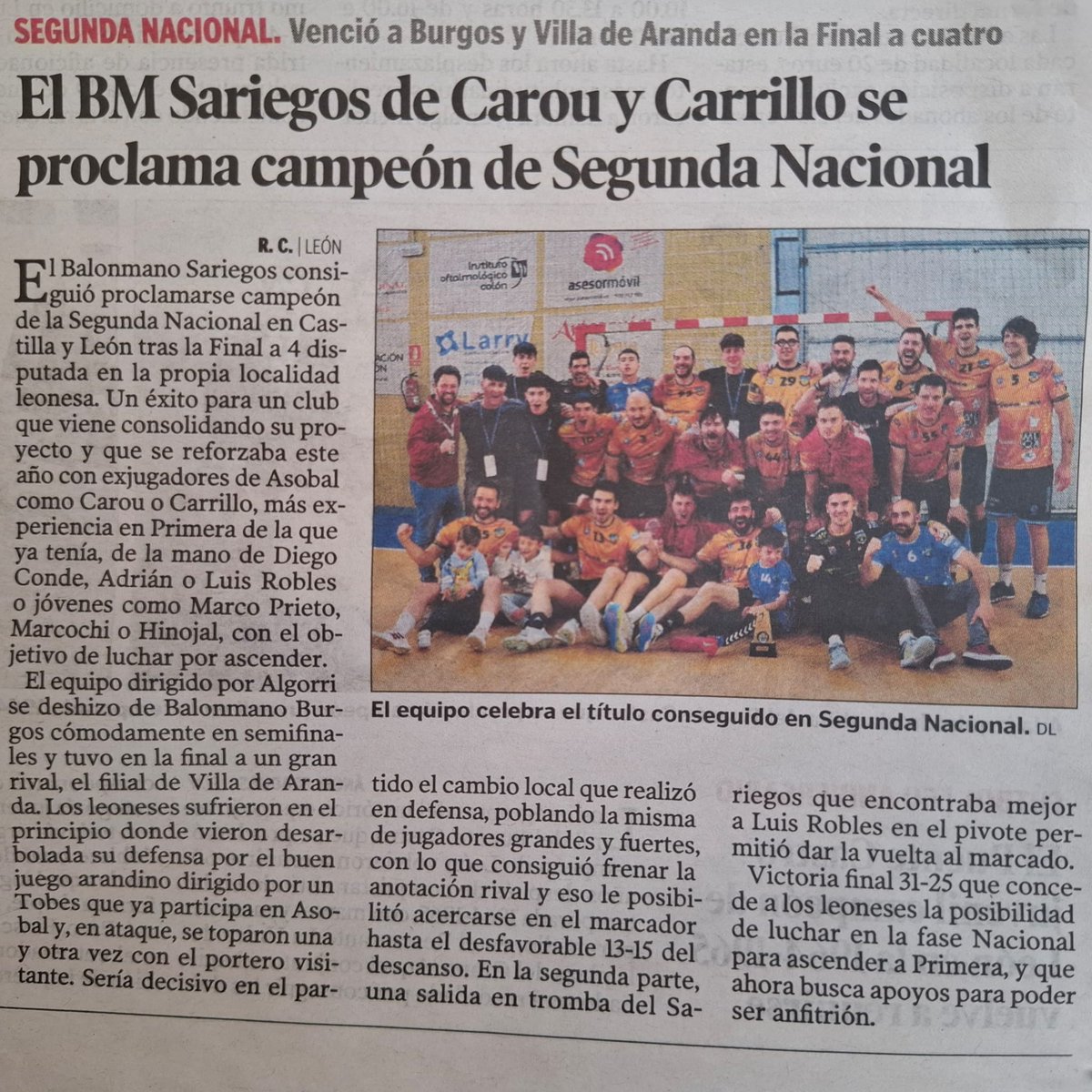 🔵⚪ PRENSA 

Diario de León 

"El BM. Sariegos de Carou y Carrillo se proclama campeón de Segunda Nacional"

diariodeleon.es/deportes/25043…