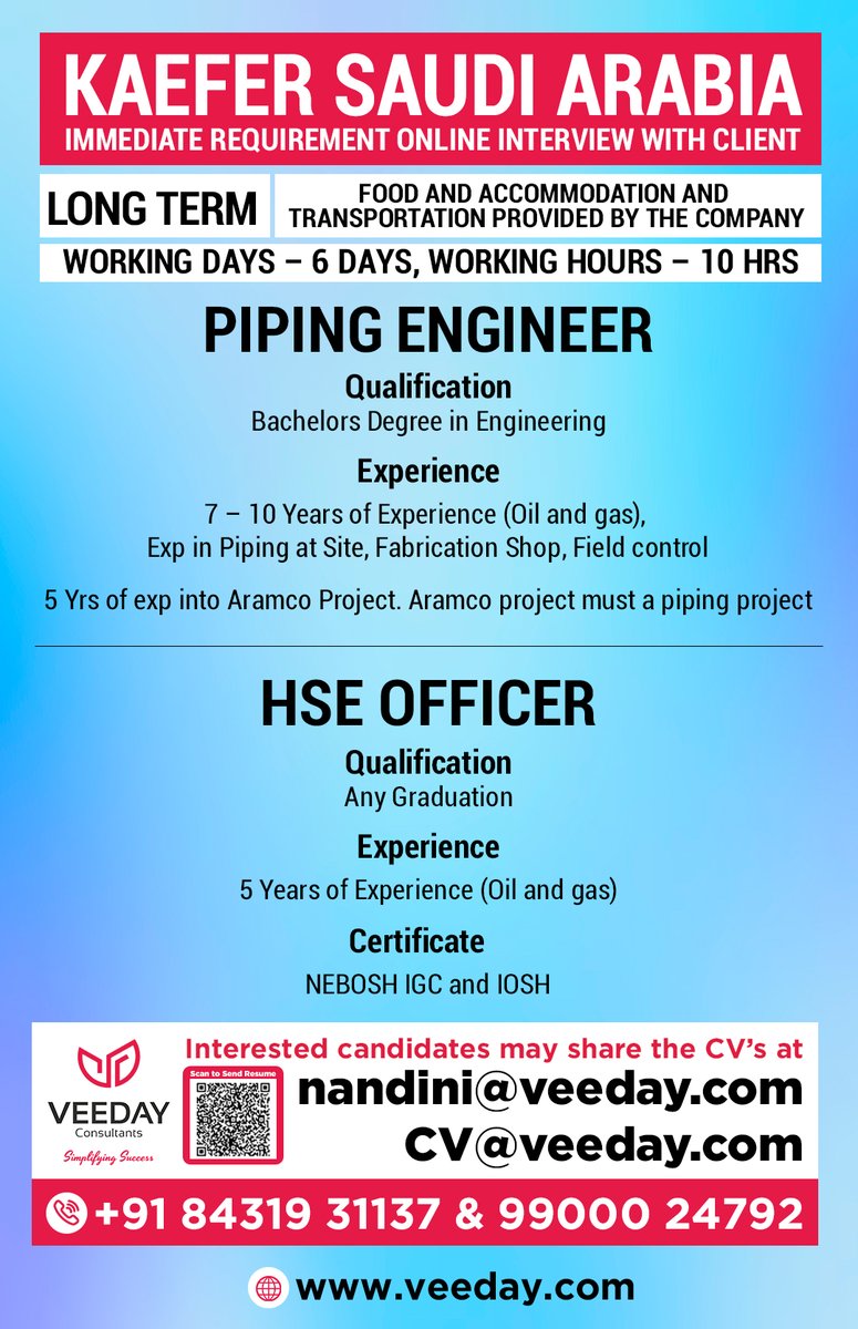 VeedayConsul's tweet image. Kaefer Saudi Arabia
Immediate Requirement Online Interview With Client

Piping Engineer
Hse Officer

#KaeferSaudiArabia #ImmediateHiring #PipingEngineer 
#HSEOfficer #OilAndGasJobs #EPCJobs #EngineeringJobs 
#SafetyJobs #SaudiArabiaJobs #MiddleEastJobs #GulfJobs 
#JobVacancy