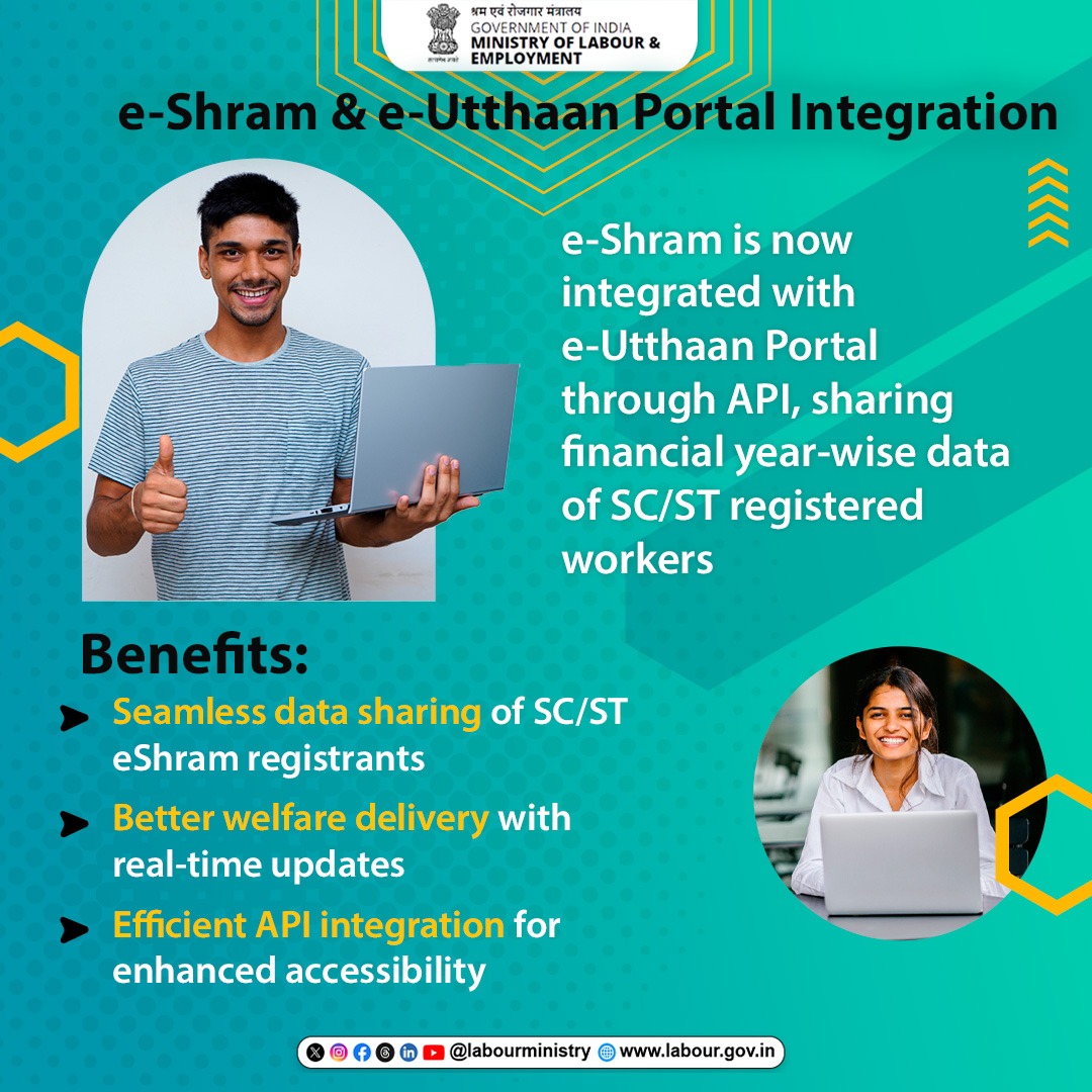 eShram is now integrated with the e-Utthaan Portal to share yearly data of eshram registered SC workers under DAPSC.

#eShram #eUtthaan #MoLE #SCWelfare #LabourMinistryIndia