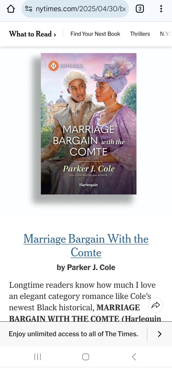 I am so pleased to announce that <a href="/ParkerJCole/">Parker J. Cole</a> Marriage Bargain with the Comte has been featured in the New York Times. Here is the link to the article nytimes.com/2025/04/30/boo…
#Godisgood #historicalfiction #Romance