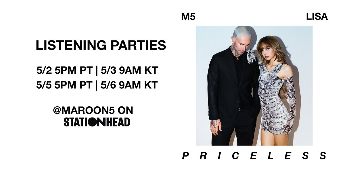 Maroon 5 (@maroon5) on Twitter photo #MAROON5XLISA_PRICELESS Listening Party on <a href="/STATIONHEAD/">STATIONHEAD</a>! 💎
maroon5.lnk.to/Stationhead #MAROON5XLISA_PRICELESS Listening Party on <a href="/STATIONHEAD/">STATIONHEAD</a>! 💎
maroon5.lnk.to/Stationhead