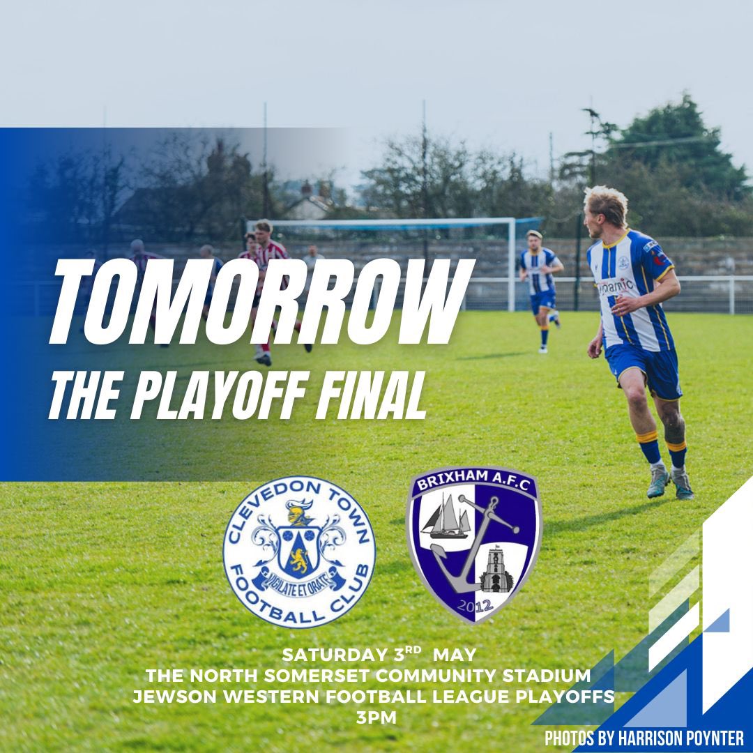 ONE MORE SLEEP 

The big day is tomorrow when we take on <a href="/BrixhamAFC/">Brixham AFC</a> in the <a href="/_WesternLeague_/">Western League</a> Playoff Final at the North Somerset Community Stadium. 

Bring your friends, family, neighbours, colleagues and your pets! Let’s make the town proud 🙏