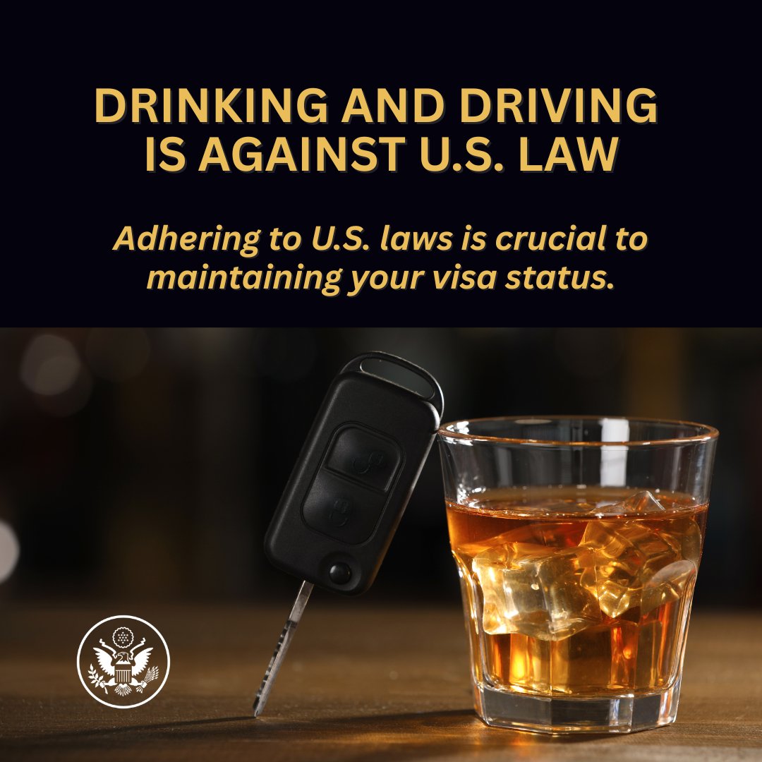 USVisaTokyo's tweet image. Adhering to U.S. laws is crucial to maintaining your visa status.  If you are arrested, your U.S. visa may be revoked, and you may be ineligible for a future #USVisa.  Violations like driving under the influence (#DUI) of alcohol are serious offences that will impact your ability…