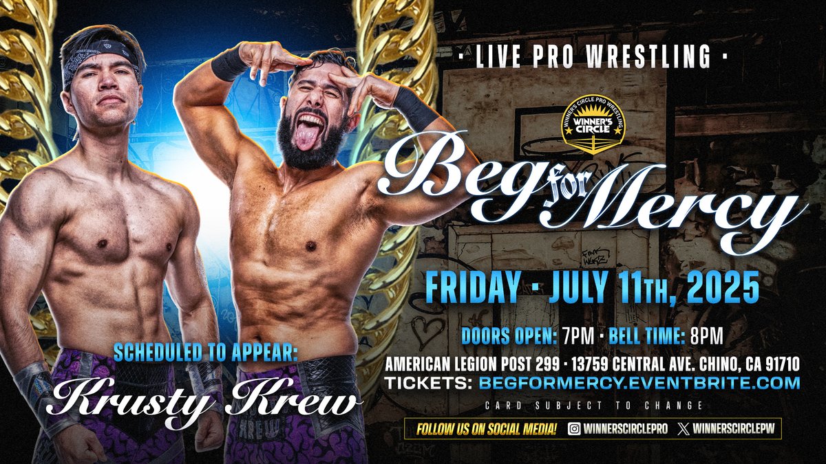 Winner's Circle Pro-Wrestling (@winnerscirclepw) on Twitter photo ICYMI: 🚨 TALENT ANNOUNCEMENT!! 🚨
<a href="/LucasRiley099/">Lucas Riley</a> x <a href="/DomKubrick/">Dom Kubrick</a>
The Krusty Krew are back in action LIVE
at <a href="/WinnersCirclePW/">Winner's Circle Pro-Wrestling</a>: “Beg For Mercy”!!
begformercy.eventbrite.com
🎟 $30 Front Row | 🎟 $25 GA ICYMI: 🚨 TALENT ANNOUNCEMENT!! 🚨
<a href="/LucasRiley099/">Lucas Riley</a> x <a href="/DomKubrick/">Dom Kubrick</a>
The Krusty Krew are back in action LIVE
at <a href="/WinnersCirclePW/">Winner's Circle Pro-Wrestling</a>: “Beg For Mercy”!!
begformercy.eventbrite.com
🎟 $30 Front Row | 🎟 $25 GA