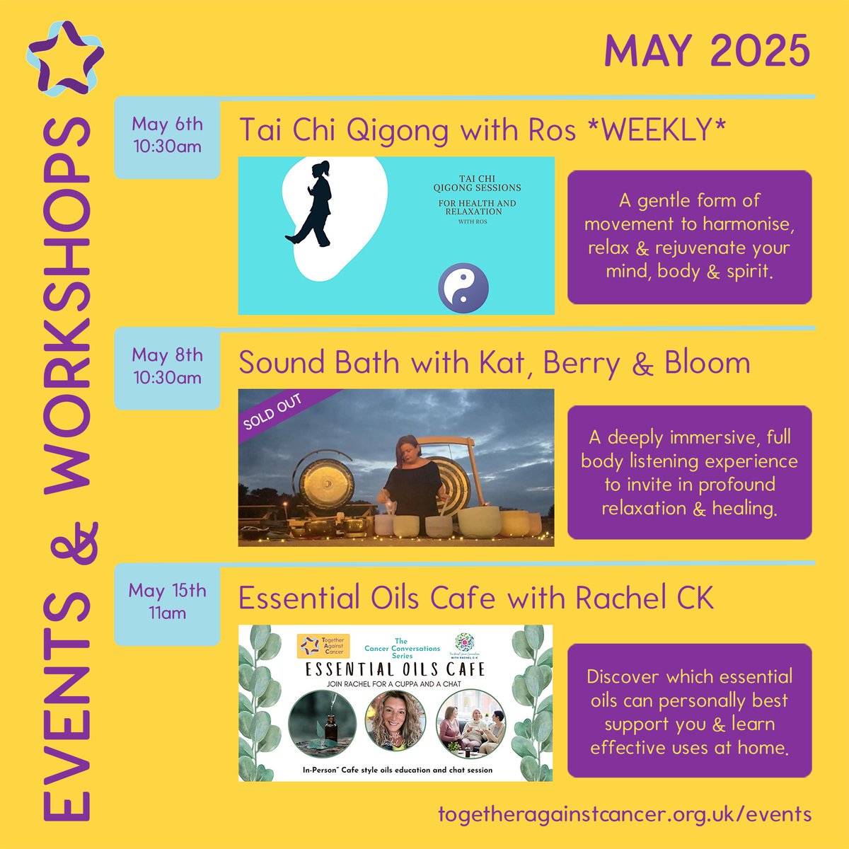 TACorguk's tweet image. Upcoming #WellbeingWorkshops this May 💜 Be sure to browse &amp;amp; book early to avoid disappointment if anything catches your fancy. Our doors are always open to all! Please register at: bit.ly/3D5S1Io