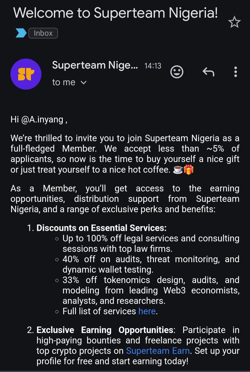 Happy New Month 🥳🎉 

In the spirit of sharing wins, I want to let you all know that I'm now an official member of <a href="/SuperteamNG/">Superteam Nigeria</a>.

I want to thank my State Mod <a href="/JudithOgar/">Manyo of Solana</a> for recommending me.

I want to also thank <a href="/NzubeEzudo/">Nzube Ezudo</a> and <a href="/Harri_obi/">Harri</a> for approving my membership.