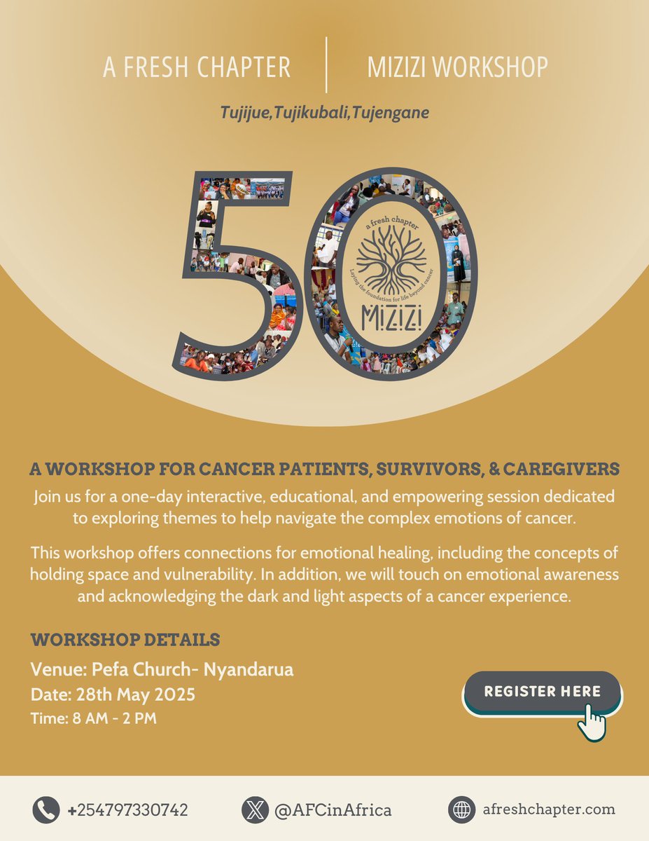 AFCInAfrica's tweet photo. Our 50th Mizizi Workshop is coming up soon!
In just 2 years, we’ve held 49 Mizizi Workshops across 21 counties—supporting 3,000+ cancer patients, survivors, & caregivers. Come celebrate with us on May 28th at PEFA Church Nyandarua!
Sign up:
#CancerSupport #CancerSupportKE https://t.co/eMcw6IAUNv