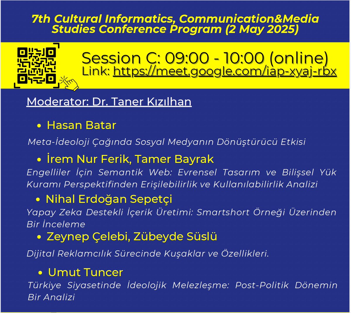 Yüksek lisans öğrencim İrem Nur Ferik ile birlikte, 7. Cultural Informatics, Communication &amp; Media Studies Conference kapsamında çevrim içi bir sunum gerçekleştirdik.

#CulturalInformatics2025 #YapayZeka #Erişilebilirlik #SemantikWeb #DijitalKapsayıcılık #YeniMedya