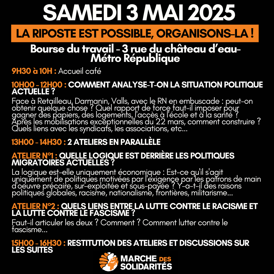 📅Samedi 3 mai - journée de discussions à la bourse du travail de 9h30 à 17h (3 rue du château d'eau - métro république)

🤜Après le 1er mai on continue ! La riposte est possible, organisons-la ! 
Faites circuler venez nombreuses et nombreux !
agendamilitant.org/Journee-de-dis…