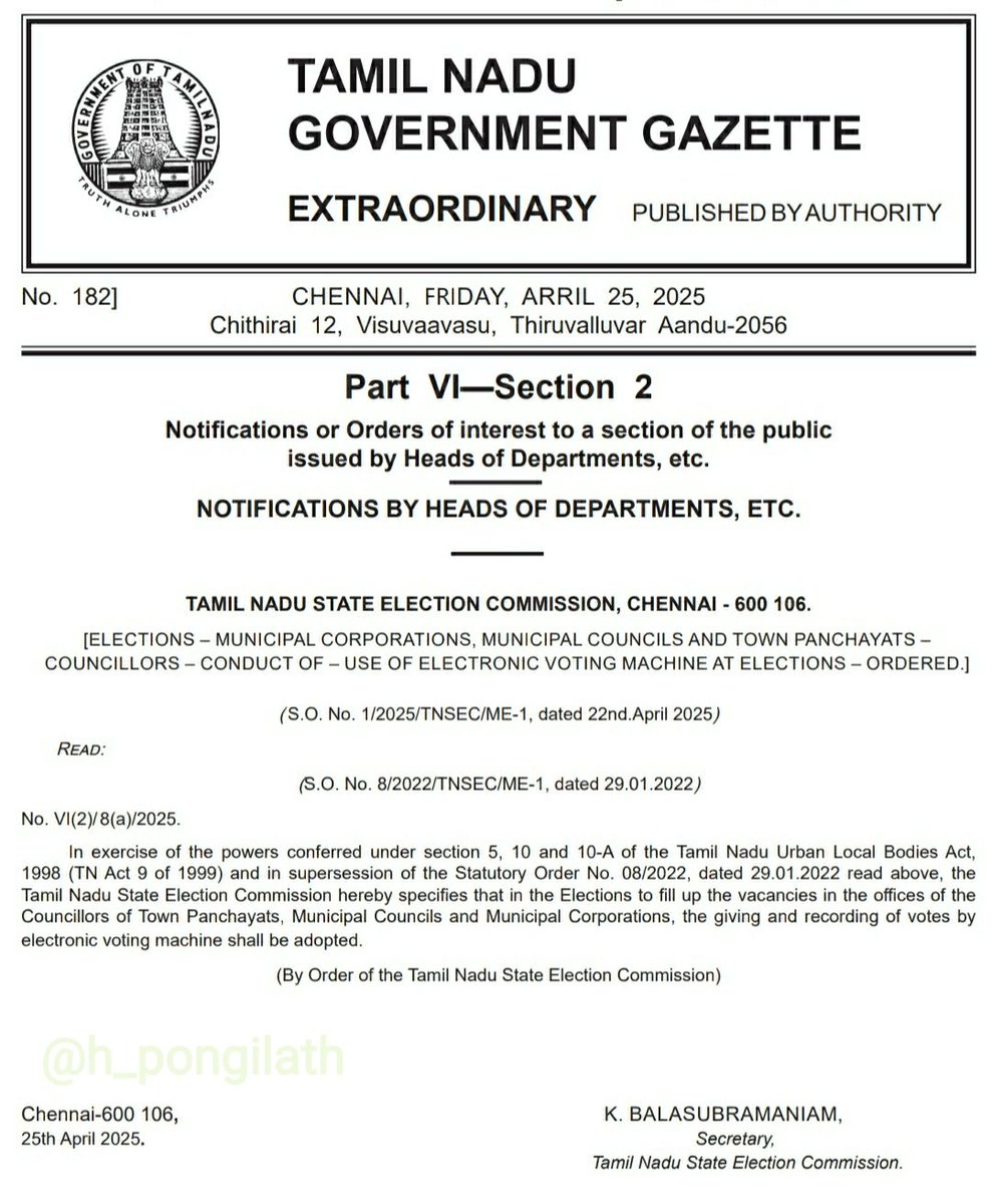 h_pongilath's tweet photo. State Election Commission, #TamilNadu hereby specifies that in the #Elections to fill up the vacancies in the offices of the #Councillors of Town Panchayats, Municipal Councils &amp; Municipal Corporations,the giving &amp; recording of votes by #electronicvotingmachine shall be adopted.. https://t.co/iMRBBe1eqE