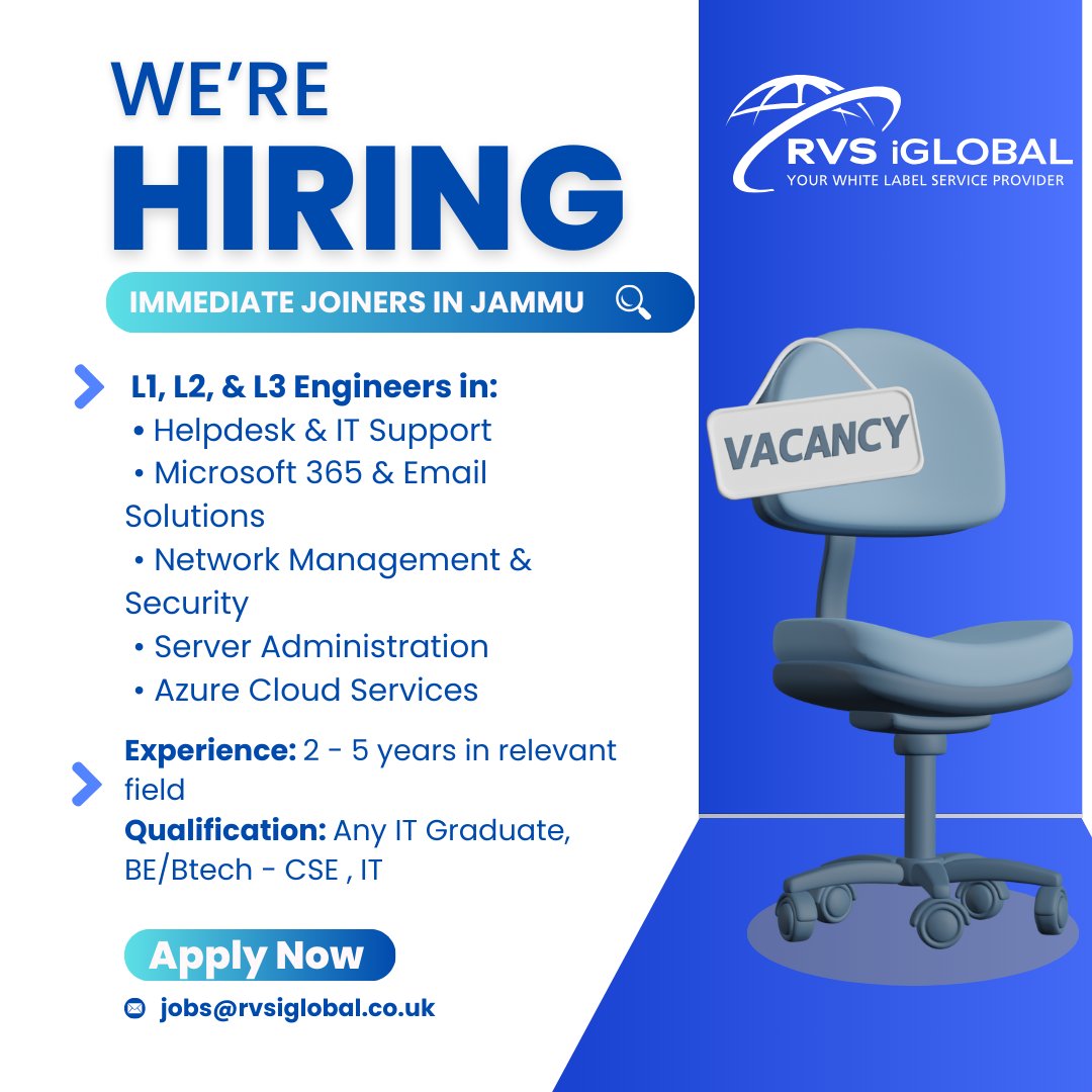 rvsiglobal's tweet image. RVS iGlobal is hiring L1, L2, and L3 engineers in Jammu with 2–5 years of experience.

Apply at jobs@rvsiglobal.co.uk

Details: rvsiglobal.co.uk/careers

#rvsiglobal #helpdesk #cloudengineers #networkengineers #azureengineer #itservices #jammu #delhi #hiringalert #uk #london #us