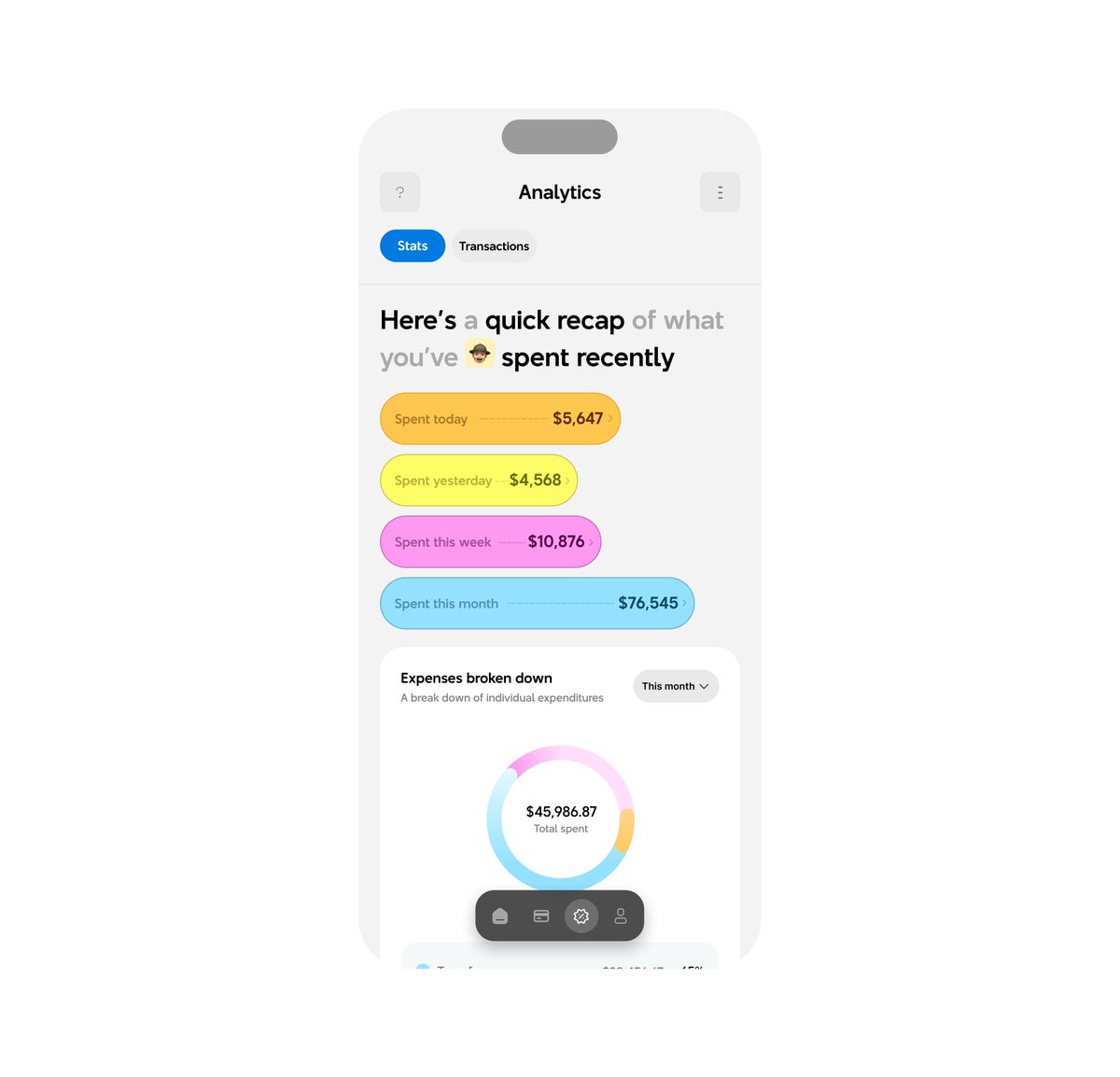 Thedesigntool's tweet image. Added screens for analytics, aim was to declutter the look with less graphs and make it easy for users to see what and how they spend at a glance and without iver thinking .
PS look out for the floating hat guy 😌, just an engaging extra detail .
Load in 4k for details