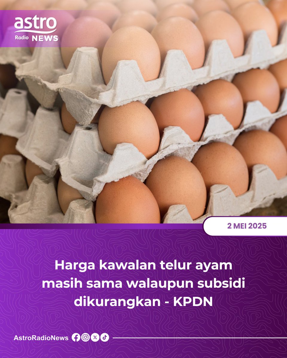 Harga kawalan telur ayam masih lagi sama walaupun kerajaan sudah mengurangkan subsidi sebanyak lima sen untuk sebiji telur.

Kementerian Perdagangan Dalam Negeri dan Kos Sara Hidup menegaskan peniaga bertanggungjawab menjual telur pada harga sedia ada.

#AstroRadioNews