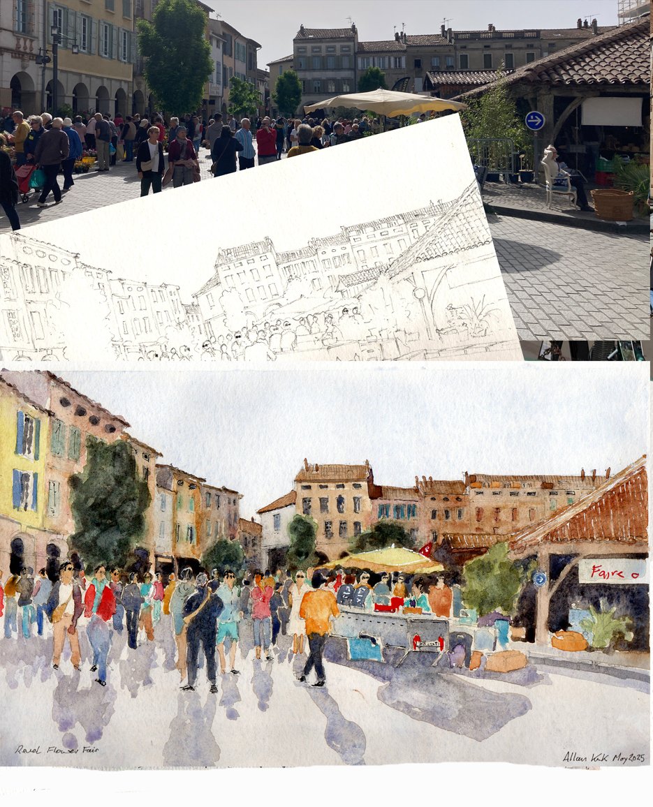 Floweer market at Revel, May 1st  Watercolour on Hahnemuhle Bamboo mixed medai paper #sketchbook #urbansketcher #urbansketchers #sketch #urbansketch #sketchtravel #usk #akirk54 #landscapepainting #watercolour