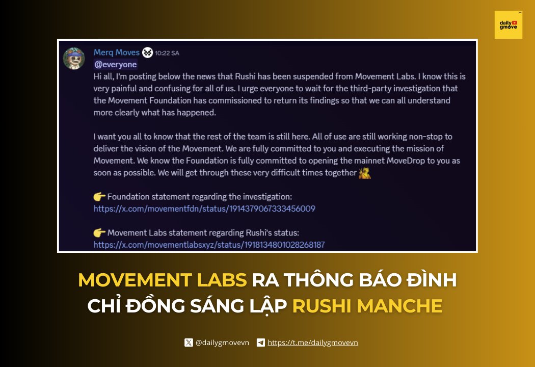 dailygmovevn's tweet image. Movement Labs đình chỉ đồng sáng lập Rushi Manche giữa lùm xùm liên quan đến quản trị và nghi vấn thao túng thị trường

Ngày 2 tháng 5, @movementlabsxyz xác nhận đã đình chỉ ông Rushi Manche, đồng sáng lập và gương mặt chủ chốt của dự án, giữa những cáo buộc…