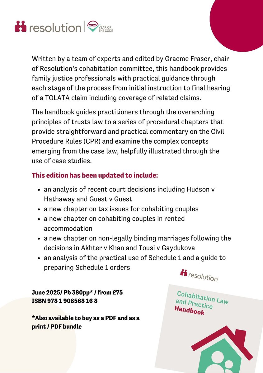 graeme fraser (@gsf1996) on Twitter photo Delighted to share the flier for the new edition of the <a href="/ResFamilyLaw/">Resolution</a> Cohabitation Law and Practice Handbook, which I am proud to edit, providing practical guidance from leading experts through every stage of the process. Available to order by scanning the QR code below. π²πβ
Delighted to share the flier for the new edition of the <a href="/ResFamilyLaw/">Resolution</a> Cohabitation Law and Practice Handbook, which I am proud to edit, providing practical guidance from leading experts through every stage of the process. Available to order by scanning the QR code below. π²πβ
