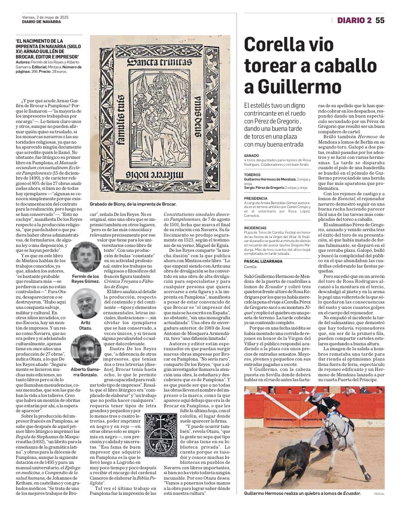Gran reportaje en <a href="/DiariodeNavarra/">Diario de Navarra</a> por parte de <a href="/laura_puy/">Laura Puy</a> 
“EL NACIMIENTO DE LA IMPRENTA EN NAVARRA. Arnao Guillen de Brocar, editor e impresor”Autores, Fermín De los Reyes y Alberto Gamarra. editorialmintzoa.com
