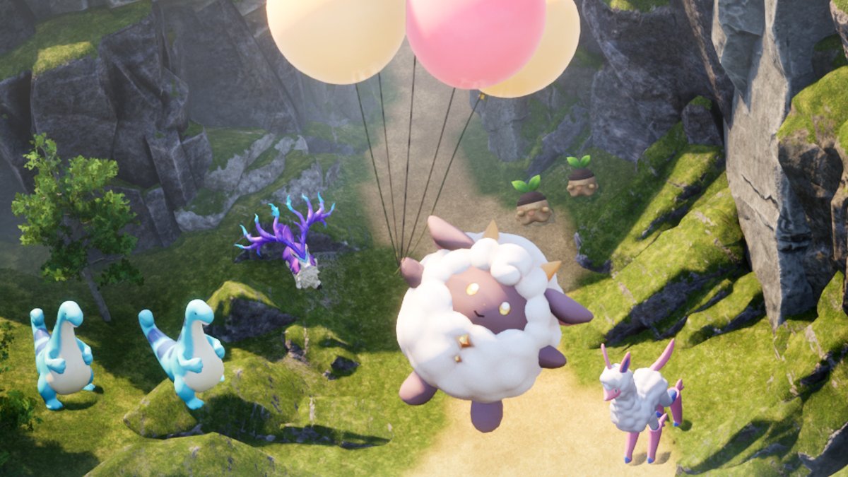 Palworld's Lamball soaring through the sky on an adventure, showcasing the sheep-like creature in flight