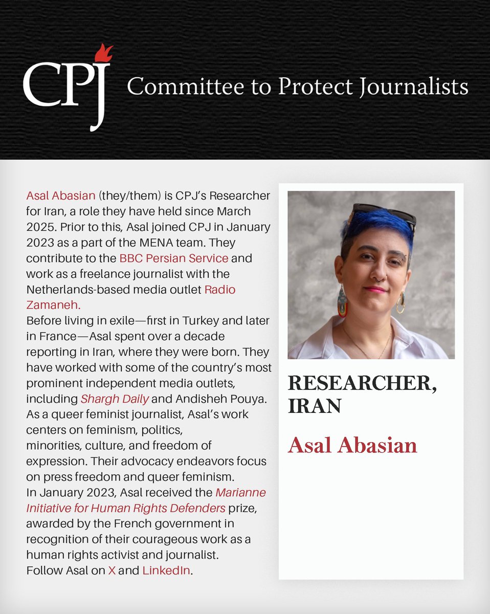 On the occasion of May 3rd, World Press Freedom Day:

I’m honored to share that at the Committee to Protect Journalists, I work alongside inspiring colleagues from around the world to document and report on press freedom violations worldwide, including in Iran.

The New